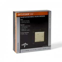 OPTIFOAM Ag® APOSITO ADHESIVO CON PLATA PARA HERIDAS DE 10.16 cm x 10.16 cm, 6.35 cm x 6.35 cm ALMOHADILLA, CAJA C/100